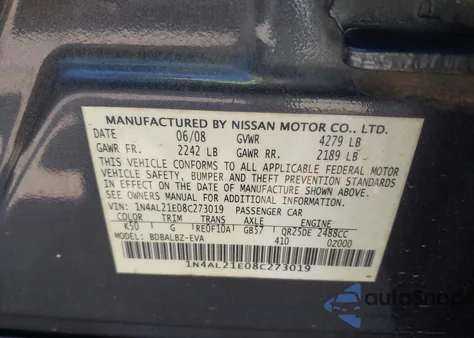 2008 Nissan Altima 2.5 S z USA, uszkodzony, nr VIN 1N4AL21E08C273019